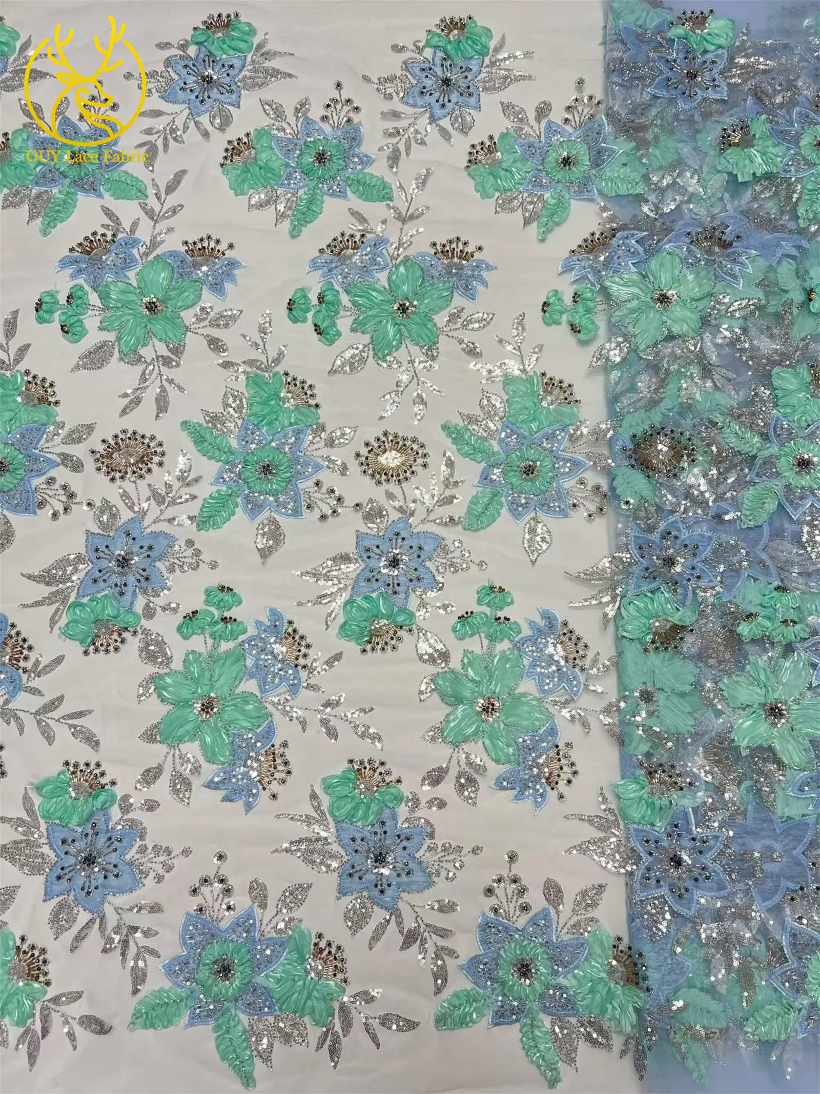 3D Hochwertiger bestickter Blumen-Spitzenstoff mit afrikanischen Pailletten, 2026 Französischer Perlen-Spitzenstoff für nigerianische Partykleider zum Nähen – Detail 8