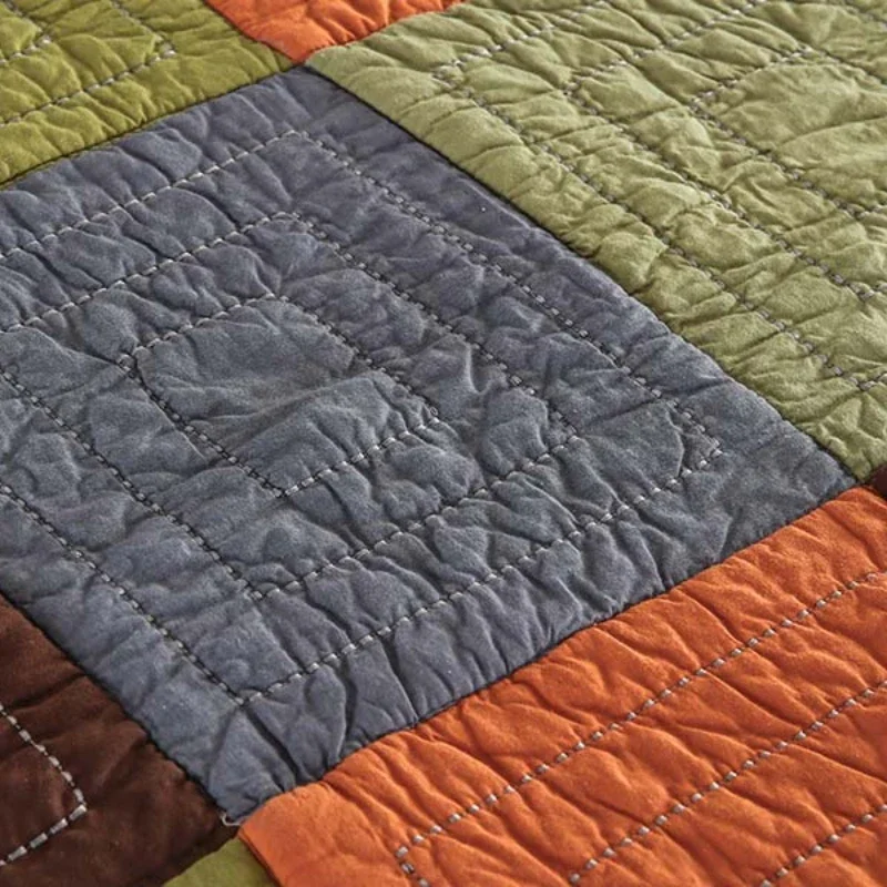 Handmade Patchwork Plaid Quilt Set 3-Pieces King Size 100% Cotton Breathable Bedspread for Bed All Season Home Decor Coverlet 5