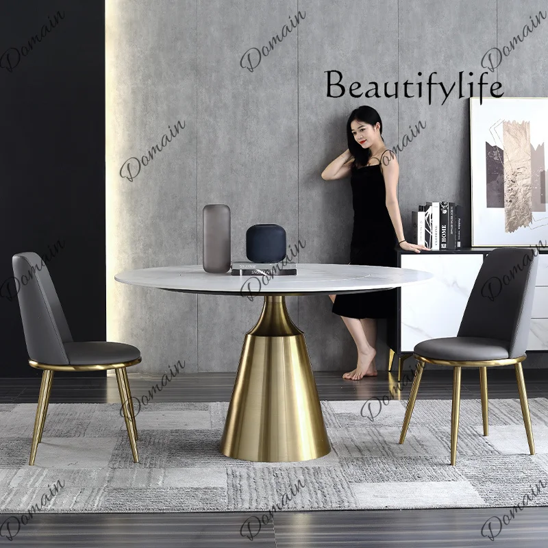 35 N Light luxury rock slab dining table Built-in turntable Simple round household rock slab dining table