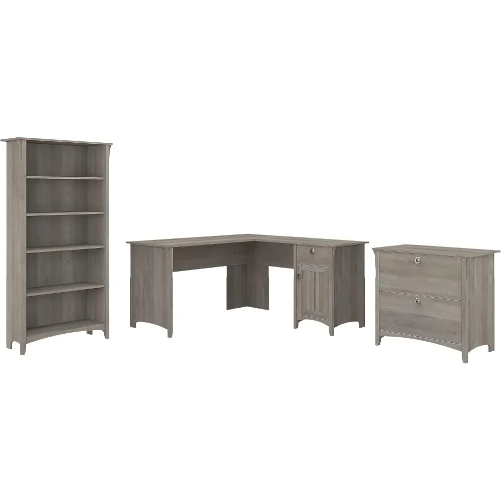 Bush Furniture Salinas 60W L Shaped Desk with Lateral File Cabinet and 5 Shelf Bookcase in Driftwood Gray