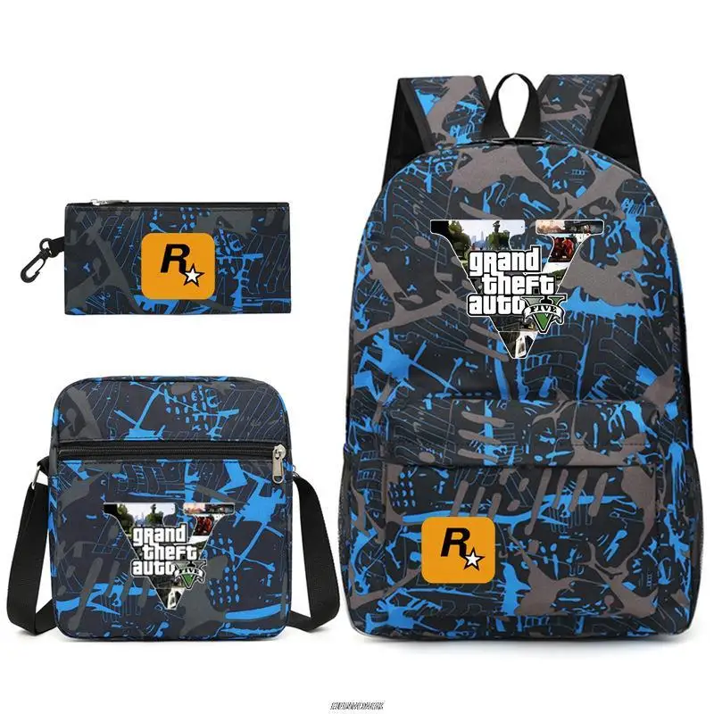 Gta5 3 pçs jogos mochila grande roubo automóvel lona crianças mochila de volta para a escola bookbag meninos meninas capacidade saco viagem