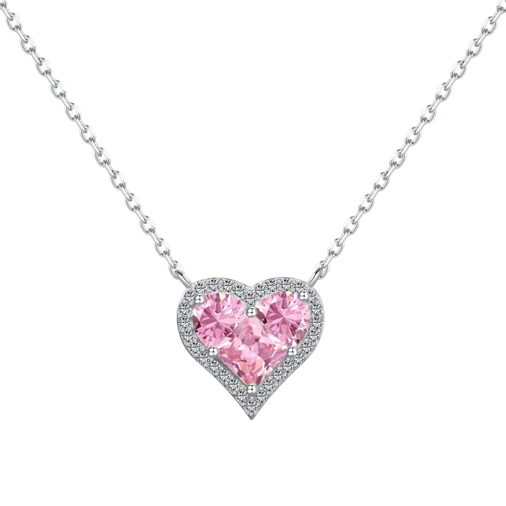 

Real S925 Silver Heart Necklace Women Pink Diamond Pendant Collar Chain Female Shiny 5A Zircon Luxury Jewelry Girl Gift Party