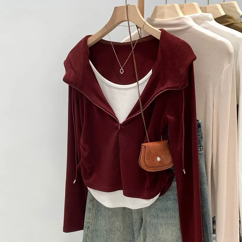 

Women's Fake Two-piece Hooded Long-sleeved T-shirt Women's Irregular Top