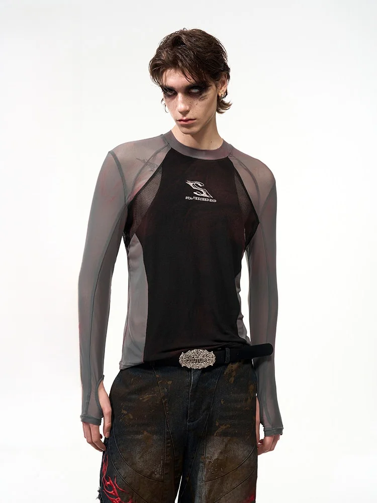 

Мужская футболка с длинным рукавом, облегающая, дышащая, летняя, полупрозрачная, модная, базовая, с элементами пэчворка