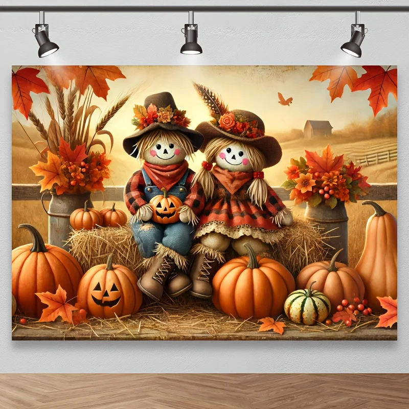 2D-Banner 1-teilig, Fall Harvest Scarecrow und Kürbis-Fotohintergrund – Thanksgiving, Feiertags-Bauernhausdekoration