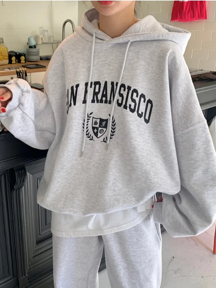 

Chic Autumn Winter Lazy Sle Letter Print Fce Sweatirt High Waist Casual Sweatpants Long Pants Set Women's Streetwear