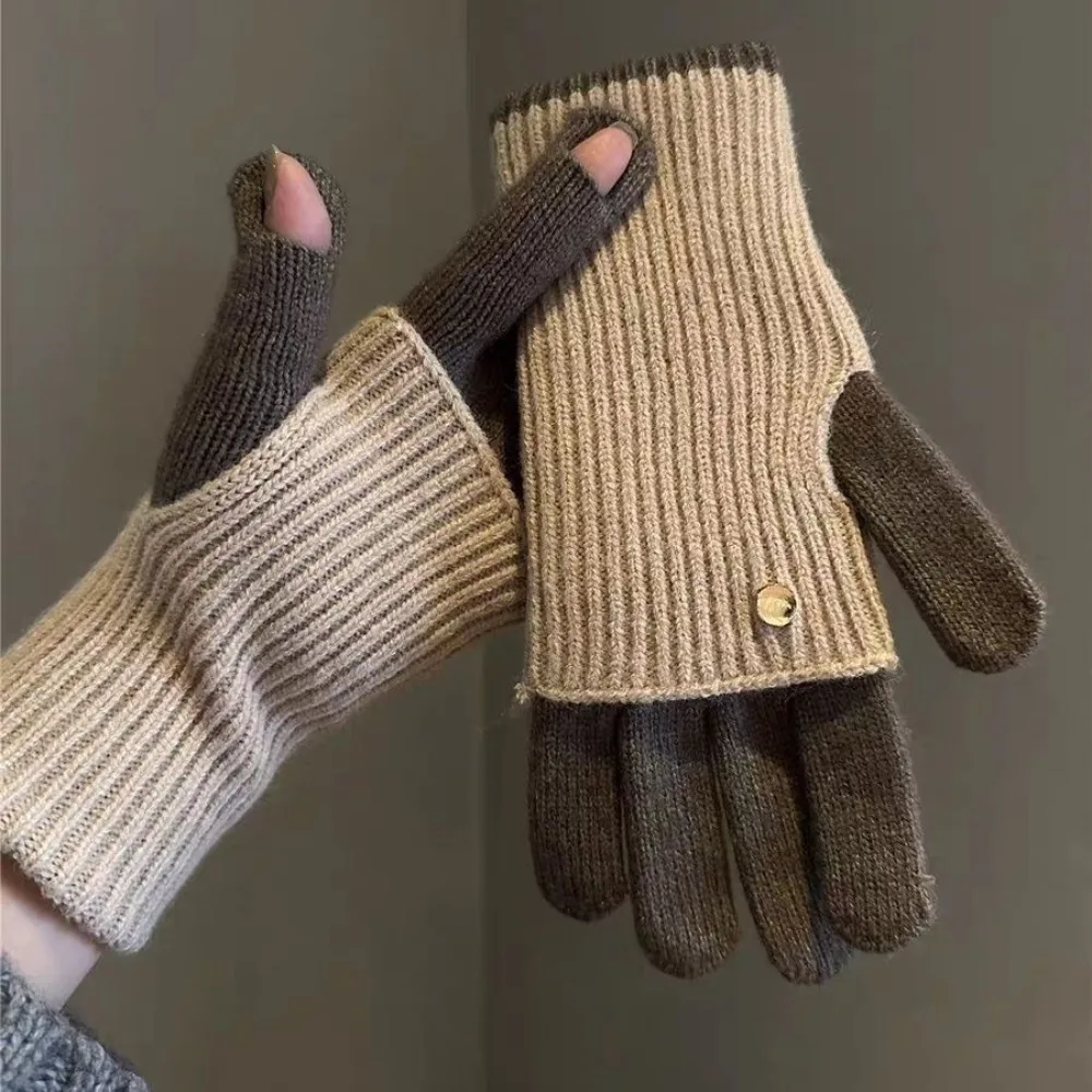 Casual Warm Color Blocked Knitted Gloves Open-Finger Dual-purpose Long Gloves Thicken Comfortable Touchscreen Gloves Gift