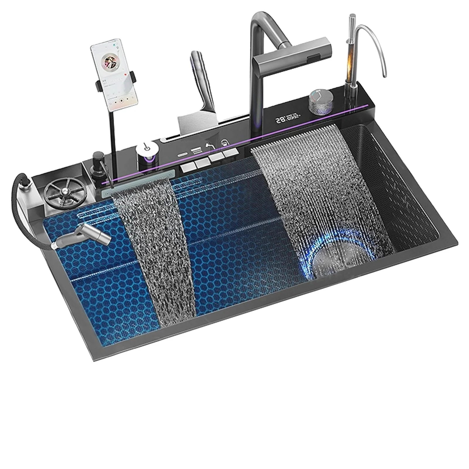 2024 Voriva New Design Rectangular Digital Display Smart Square Multifunction Kitchen Sink Stainless Steel Kitchen Sink Set