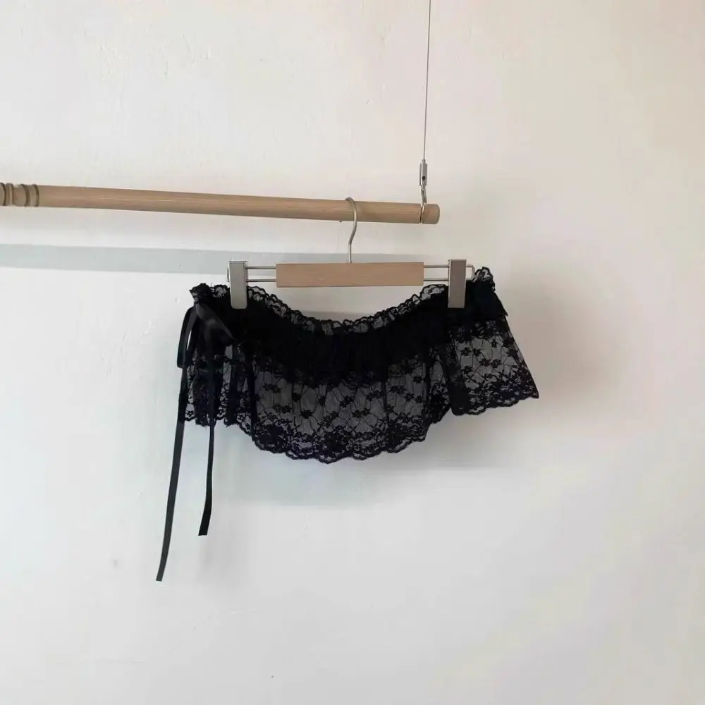New Embroidered Flower Lace Mini Skirt Y2K Streetwear Harajuku Lace Up Ruffles Skirt See Through Pleated Skirts Jeans Decoration