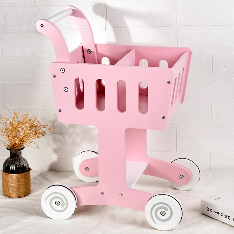 Children baby early education simulation toys wooden pink supermarket shopping cart push walker toy