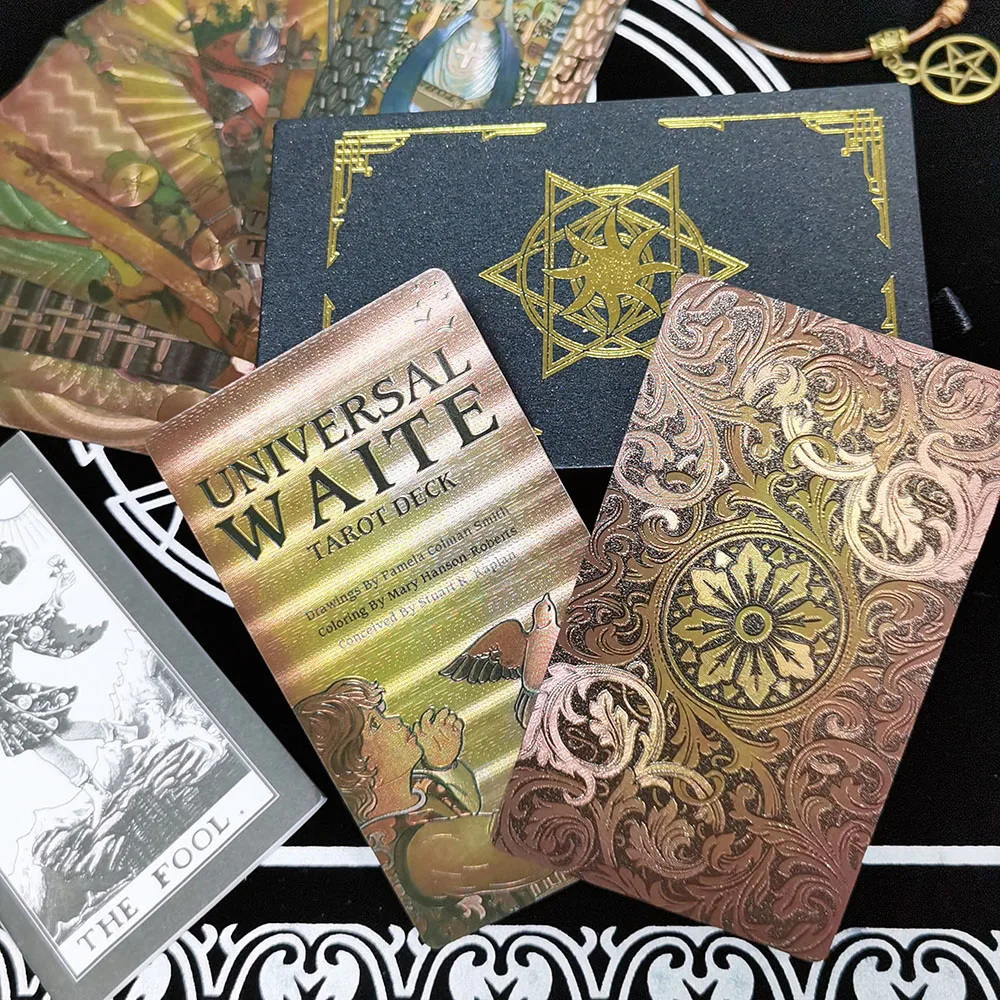 Folha de Ouro Tarot Card Set, Gift Box, Luxo Set, Hot Stamping, PVC, Impermeável, Resistente ao Desgaste, Jogo de Tabuleiro, Solitaire, Adivinhação