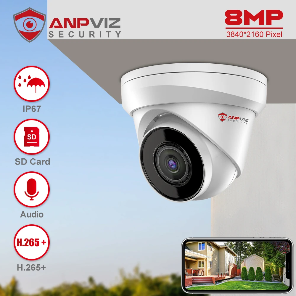 

Anpviz 8MP 4K POE IP Camera Outdoor Night Vision 30m CCTV Video Surveillance IP67 Max 256GB SD Card H.265+ Built-in Mic Audio