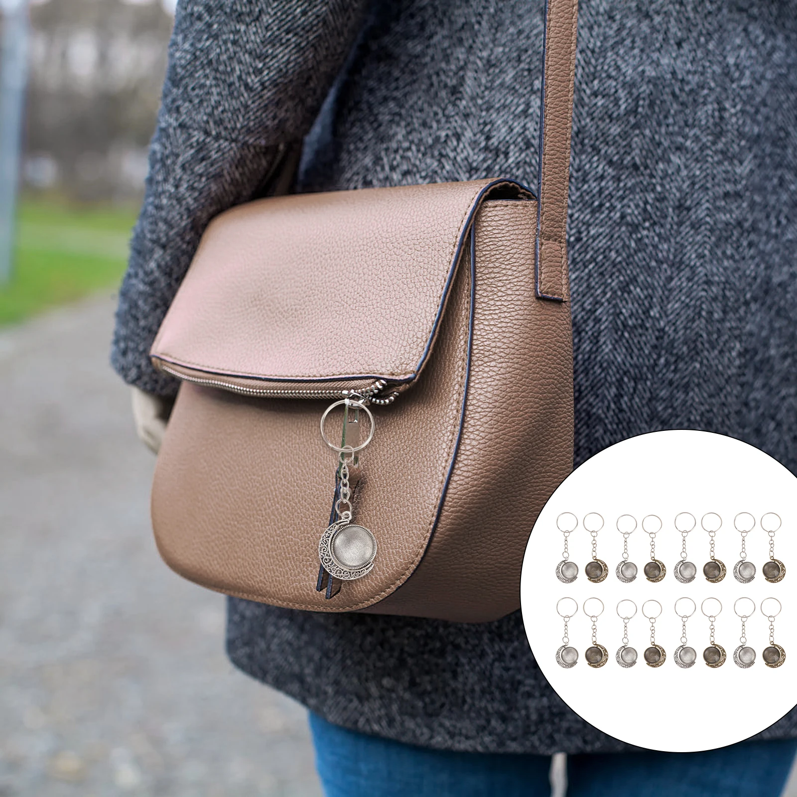 

1 set Craft Pendant Tray Blank Bezel With Glass Cabochons For Diy Jewelry Making Key Chain Accessory Alloy Rhinestone Dome Tile