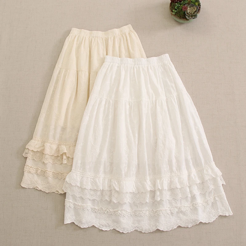 

Japan Style Sweet Lolita Lace Embroidery Multi Layer Cotton Skirts Women Kawaii Elastic Waist Casual Loose A-Line White Skirts