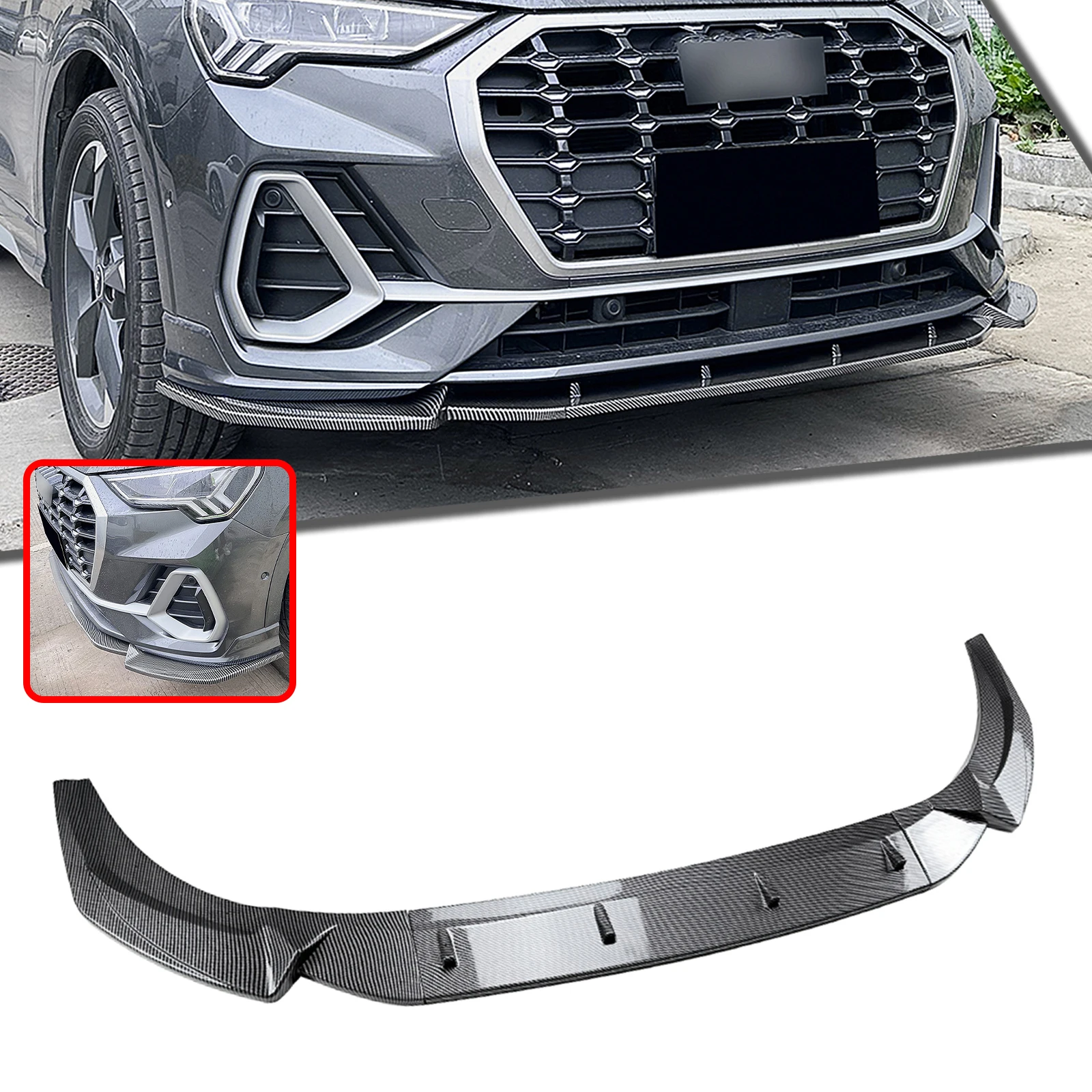 

For Audi Q3 F3 Sline 2019-2024 Front Bumper Spoiler Lip Carbon Fiber Look/Gloss Black Lower Splitter Body Protector Kit Blade