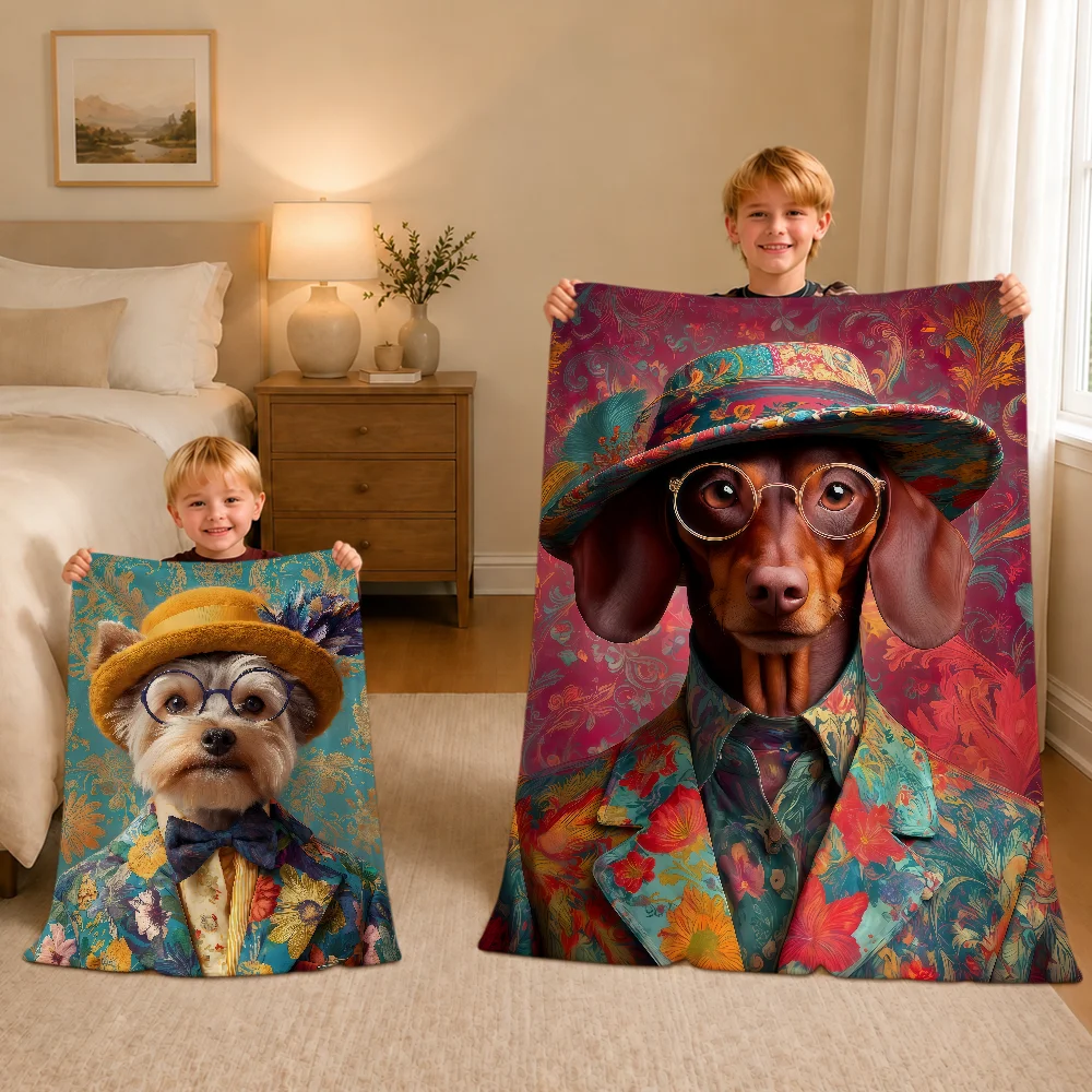 Fashion Fun Vintage Gentlemanly Dog Warm Soft Plush Blanket For Sofa Living Room Nap Home Bedroom Travel Gift Flannel Pet Hogar