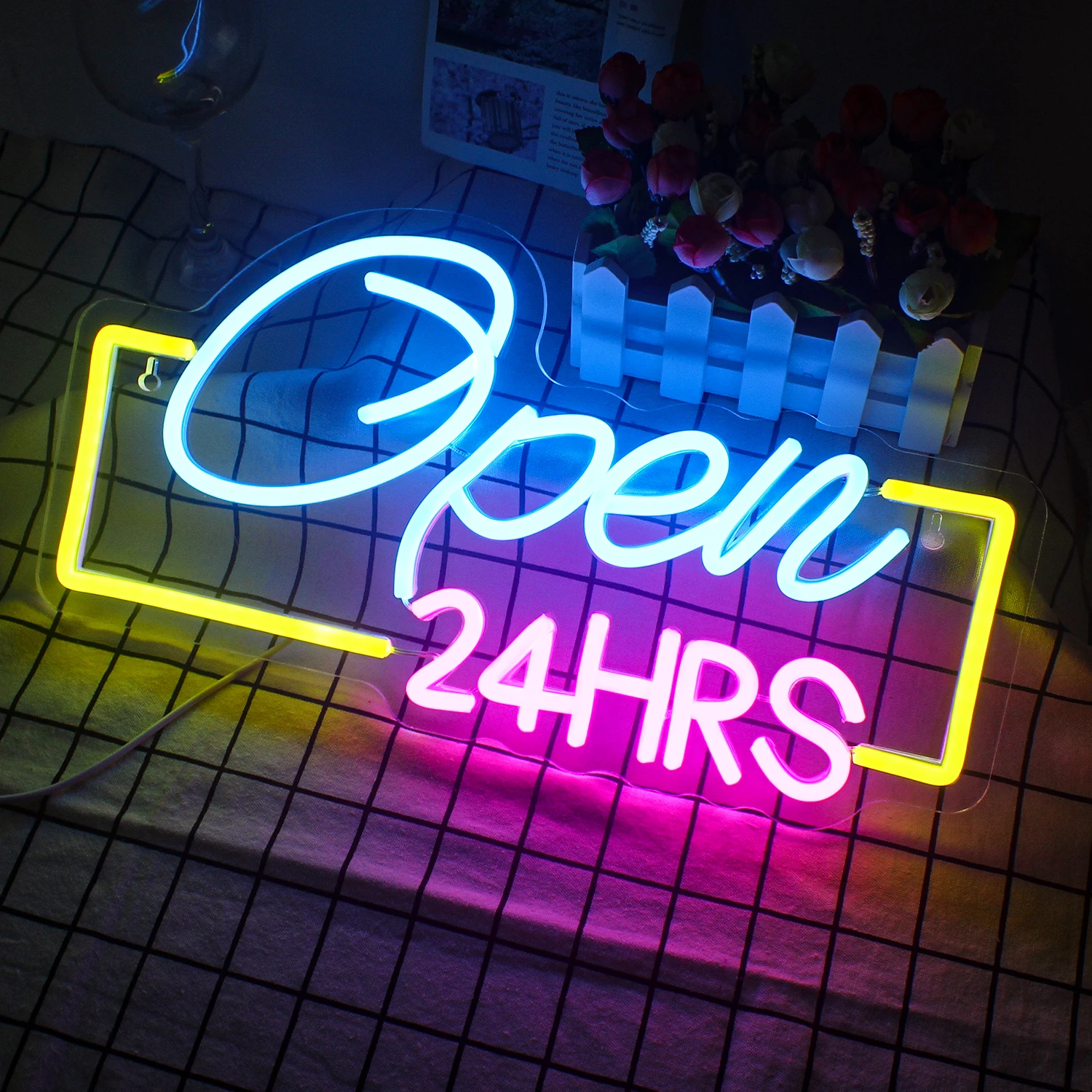 24HRS Open Neon Signs for Business Bright LED Light Open Sign for Window Door Bar Store Coffee Restaurant Hotel Neon Dimmable