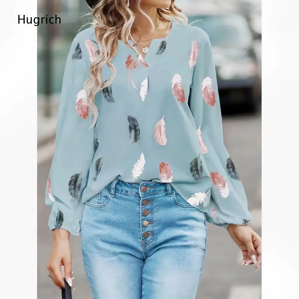 White Watercolor Feather Print Notched V Neck Lantern Elastic Cuff Long Sleeve Blouse Women Loose Office Casual Shirt