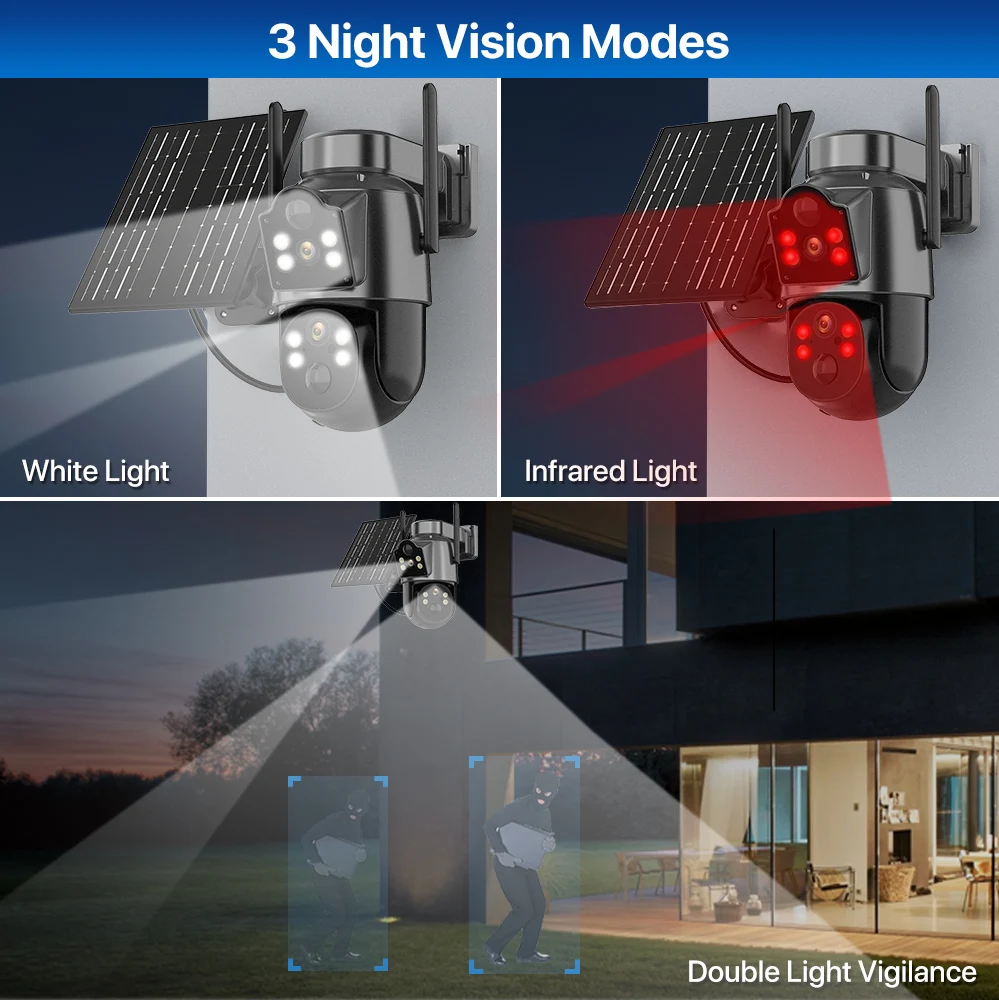 야외 무선 카메라 내장 배터리 태양 전지 패널, 7.6W PIR 바디 감지, 와이파이 PTZ 카메라, IP66 방수 보안 iCsee, 4MP
