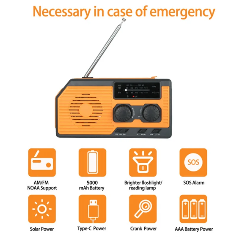 ABSQ-5000Mah Emergency Solar Power Radio USB Charging Hand Crank Dynamo Flashlight FM AM WB NOAA Weather Radio Power Bank