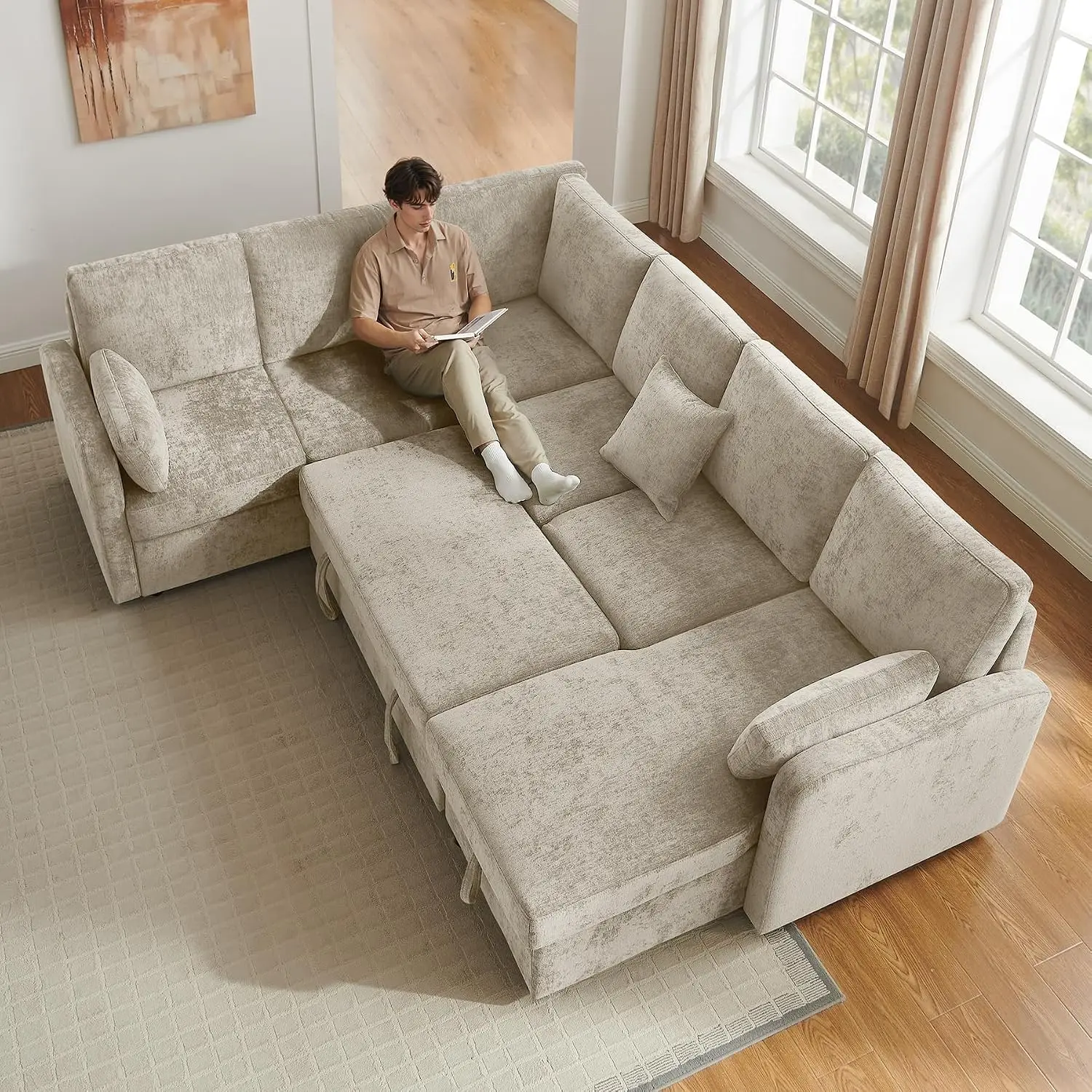 7 Seater 112'' Sectional Sleeper Sofa with Storage, Chenille Camel, Customized
