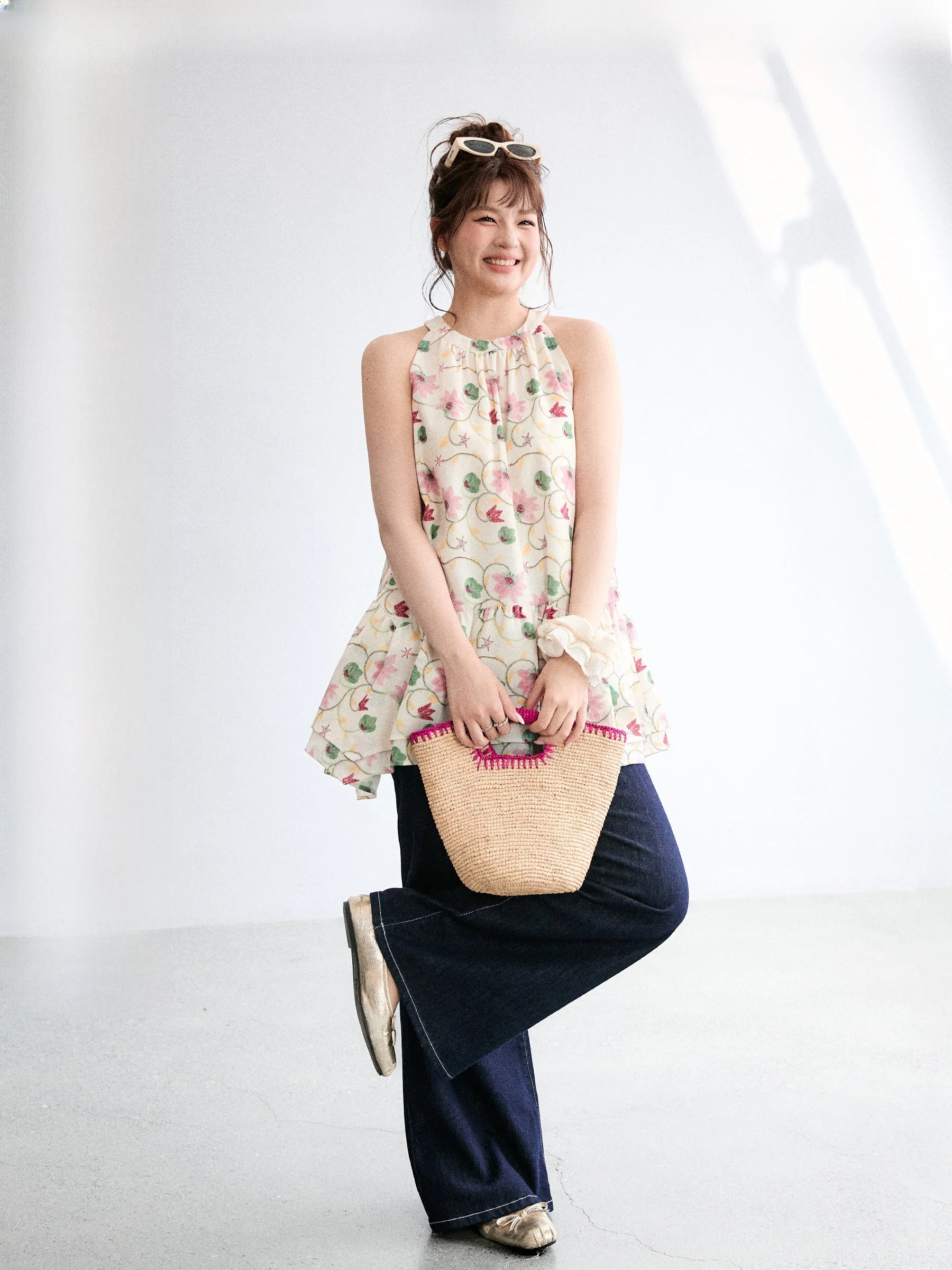 

Romantic Lotus Leaf Shoulder Floral Print Dress plus Size Casual Style round Neck Short Skirt for plus Size Women Summer Wear