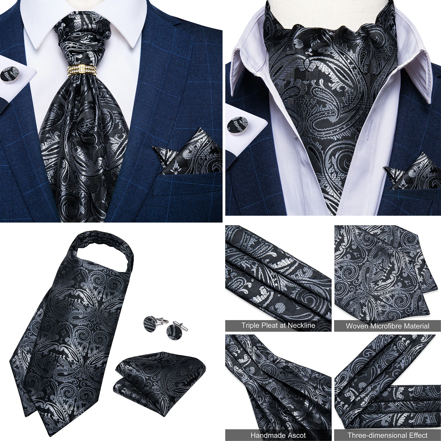 Luxury Men Green Blue Paisley Ascot Tie Set Solid Necktie Ring Wedding Party Cravat Purple Ties Pocket Sqaure Cufflink Free Ship