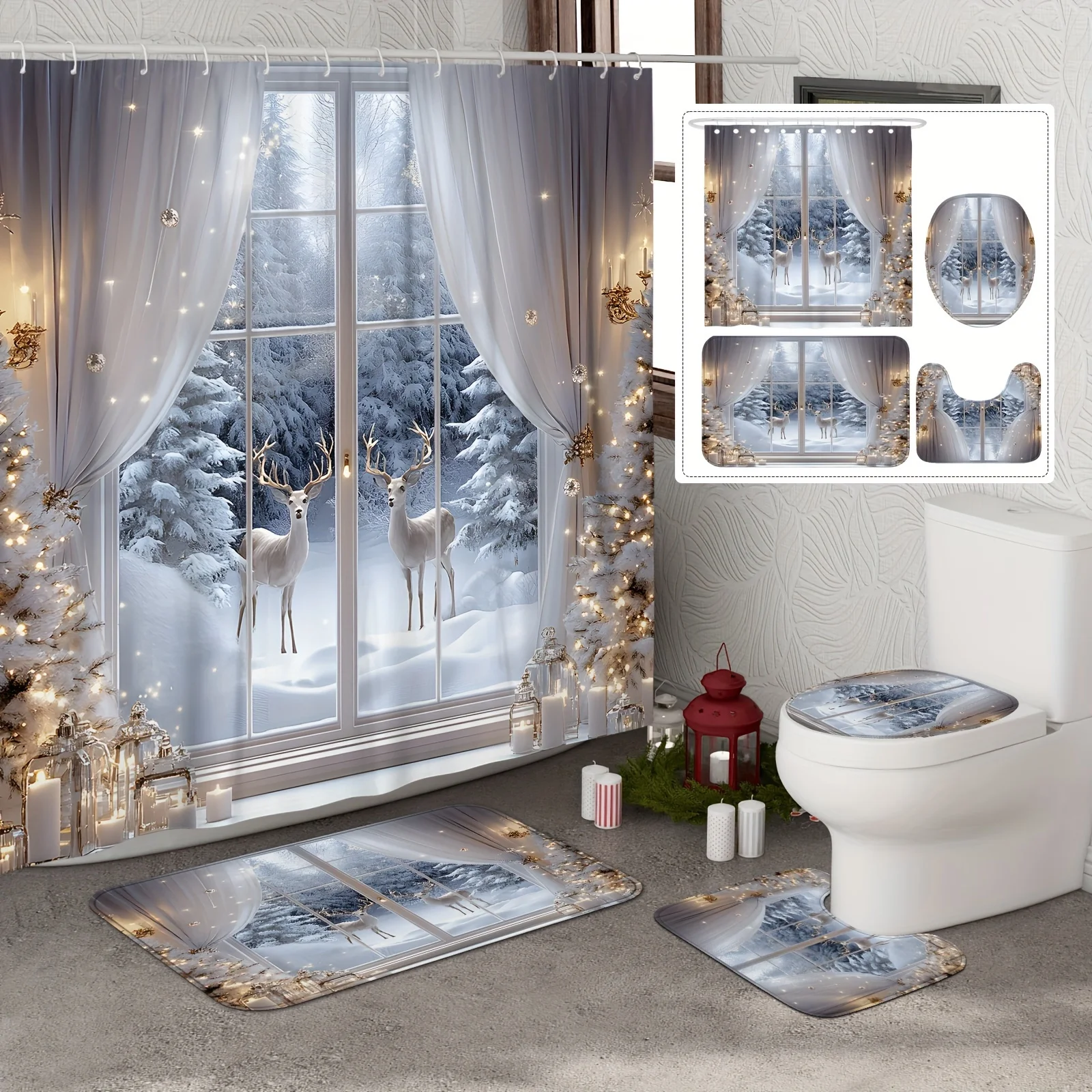 

4PCS Christmas Reindeer Shower Set – Red & White Print 12 Hooks Waterproof Curtain Non-Slip Mat U-Seat Cover Holiday Decor