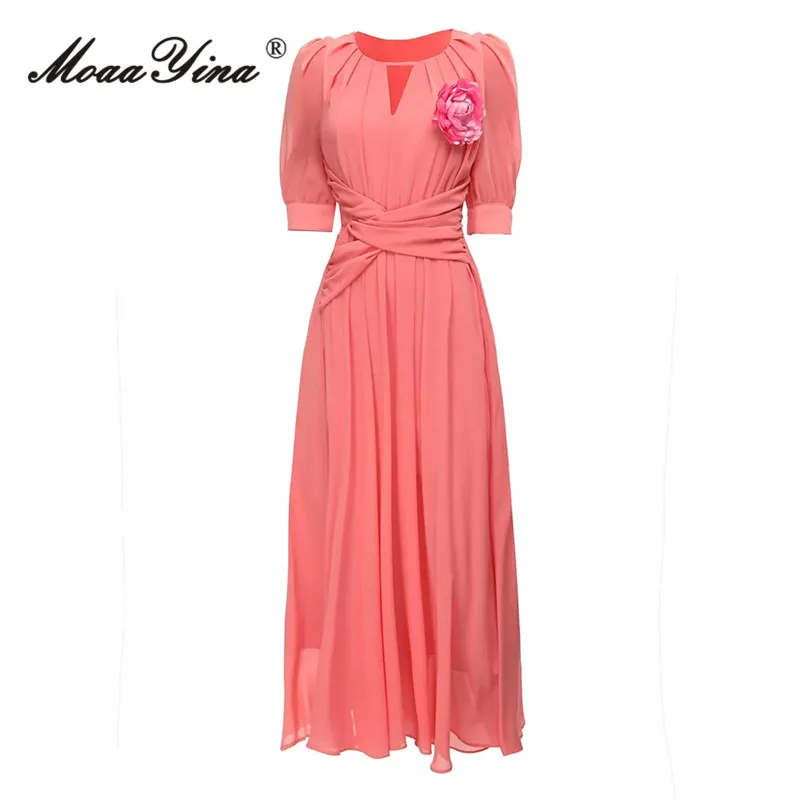

MoaaYina Fashion Designer dress Summer Women Dress Pink Elegant Appliques Lantern Half Sleeve Trim Shirred High Waist Dress