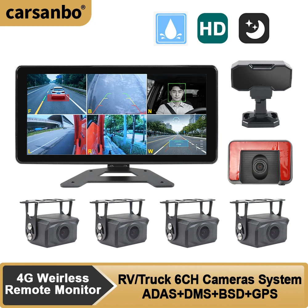 Carsanbo 10.36-Inch 6-Channel Bsd Blind Spot Detection System For Bus Truck 4pcs 90° Cameras And 1 ADAS Camera And 1 DMS Camera