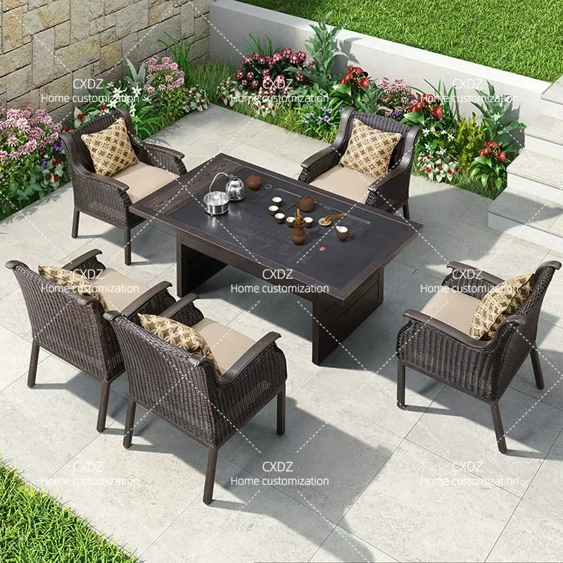 Outdoor Rattan Garden Table and Chair Set Patio Furniture Villa Terrace Leisure Dining Tea Table Wicker Chair Combination
