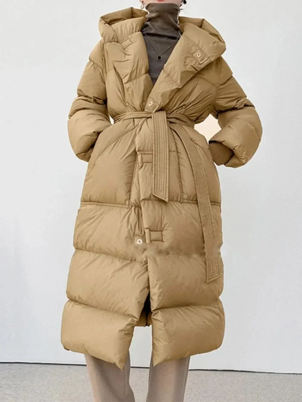 Solid Thick Warm Female Sashes Tie Up Over The Knee Coat Fashion Oversize Hooded New White Duck Down Winter Puffer Jacket Women