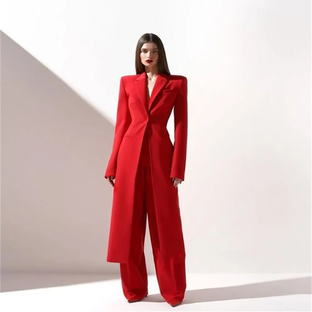 Bright Red Women Long Split Blazer Two Piece Suit Peak Shoulder Lapel Slim Waist Wide Leg Pants Wedding Gala Evening Customized