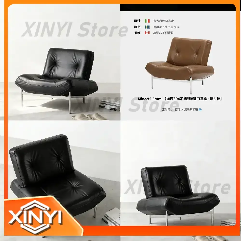 Genuine Leather Italian Minimalist Single Sofa Chair for Home Use Compact Living Room Stainless Steel Luxury Leisure Armchair