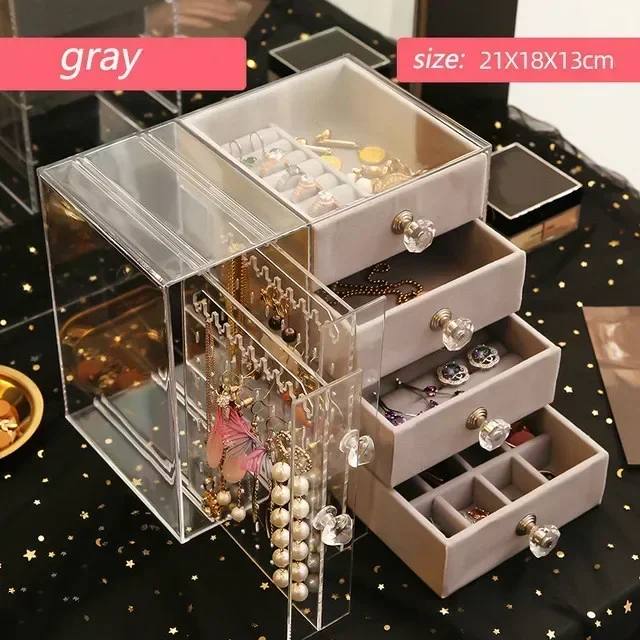 Household Plastic Drawer Type Jewelry Storage Box Transparent Finishing Makeup Organizer Earrings Display Stand Rack Accessories