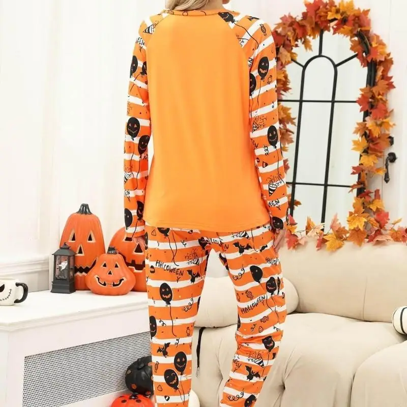 Women Halloween Pajama Set Casual Pumpkin Loungewear Set Long Sleeve Sleepwear 6XDA