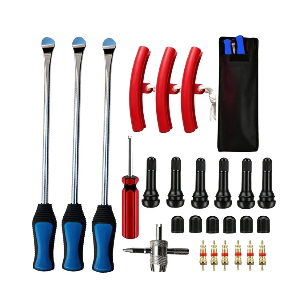 For motorcycle Tire Lever Kit 375mm with 3 Long Handles 3 Steel Ring Protectors 6 Valve Cores 6 Valve Tips and Valve Core Wrench