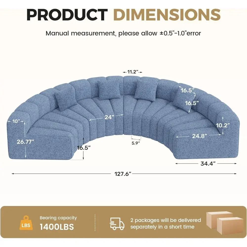 4-Seater Curved Velvet Cloud Sofa, Light Blue, No Assembly Needed
