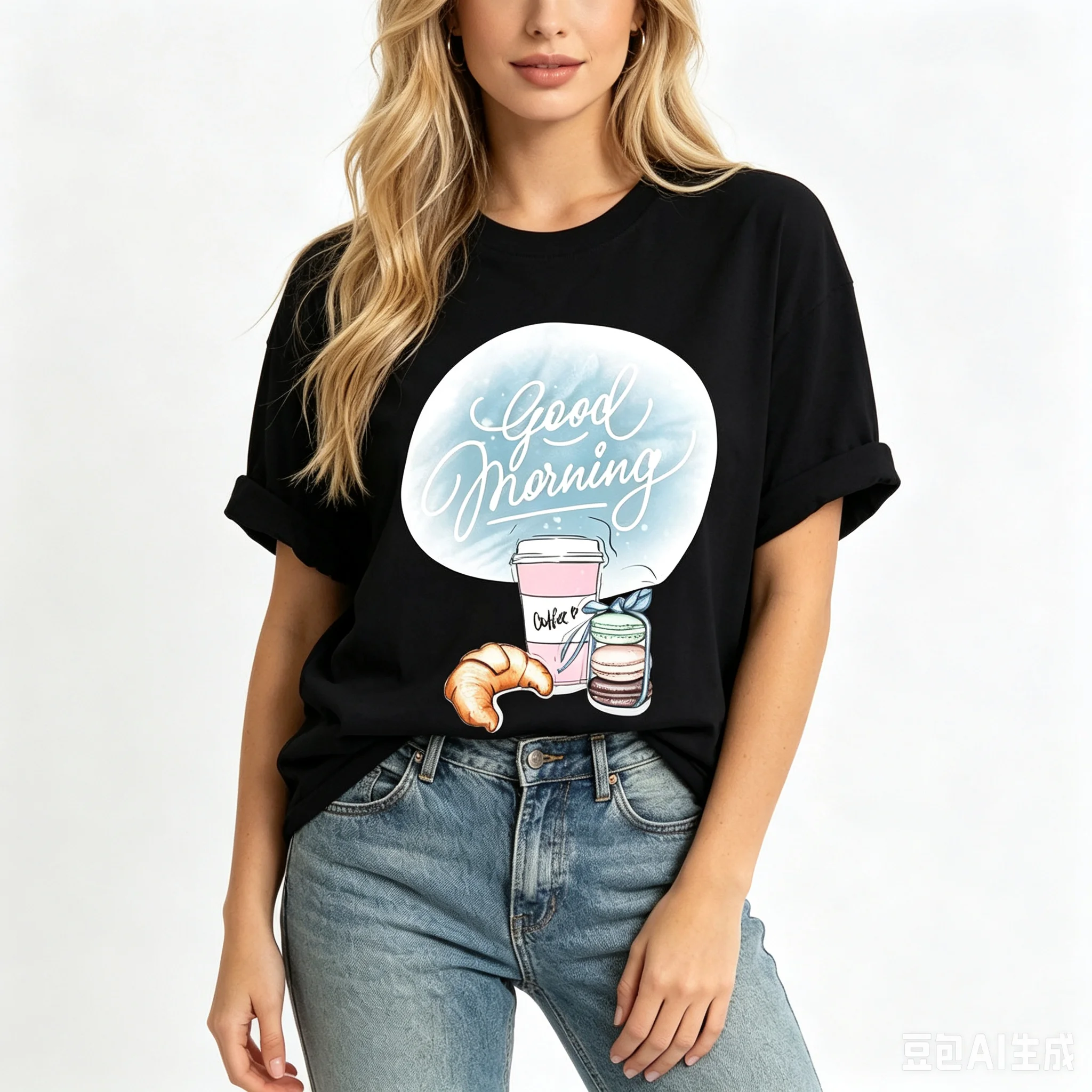 Cotton 100% Good Morning Coffee Croissant Macaron Graphic Women T-Shirt Breakfast Lover Casual Short Sleeve Tee