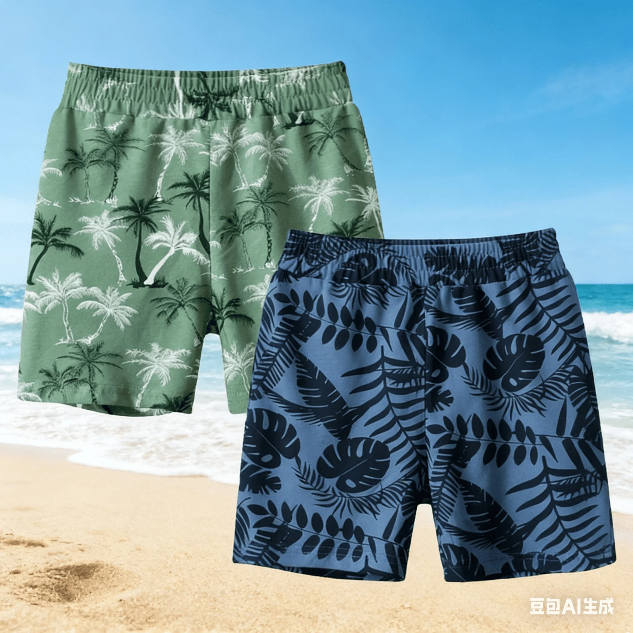 

2026 Summer Adult Parent-Child Style Green Coconut Tree Navy Blue Banana Leaf Printed Breathable And Quick-Drying Beach Shorts