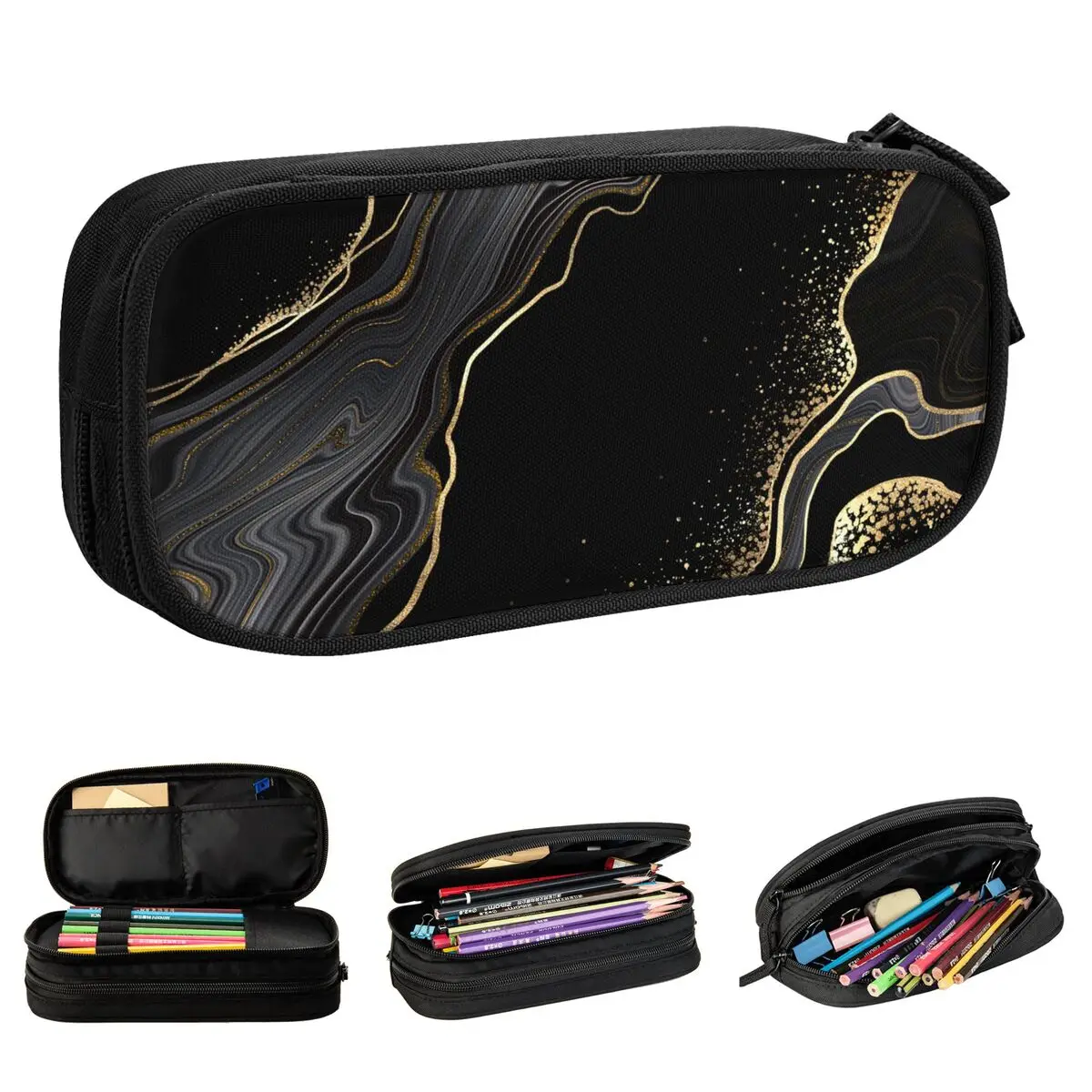 Black And Gold Swirl Marble Pencil Case Abstrack Granite Art Pencil Box Pen Big Capacity Bag School Supplies Gift Stationery