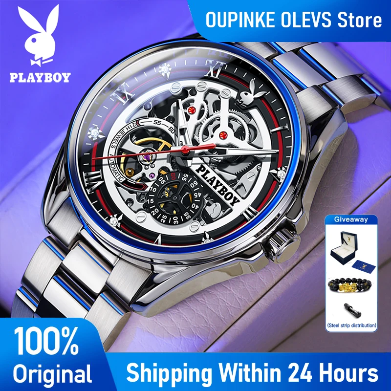 PLAYBOY 3032 Luxury Watches Man Skeleton Automatic Mechanical Watch Stainless Steel Waterproof Business Casual Watches For Man