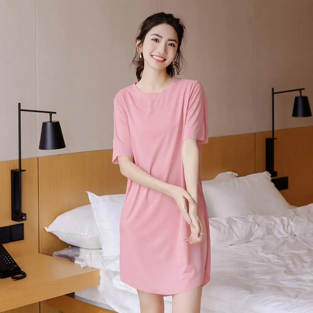 Loose Fit Summer Dress Elegant Knee-length Nightdress for Women Soft Ice Silk Pajamas with Short Sleeves Homewear Dress Solid