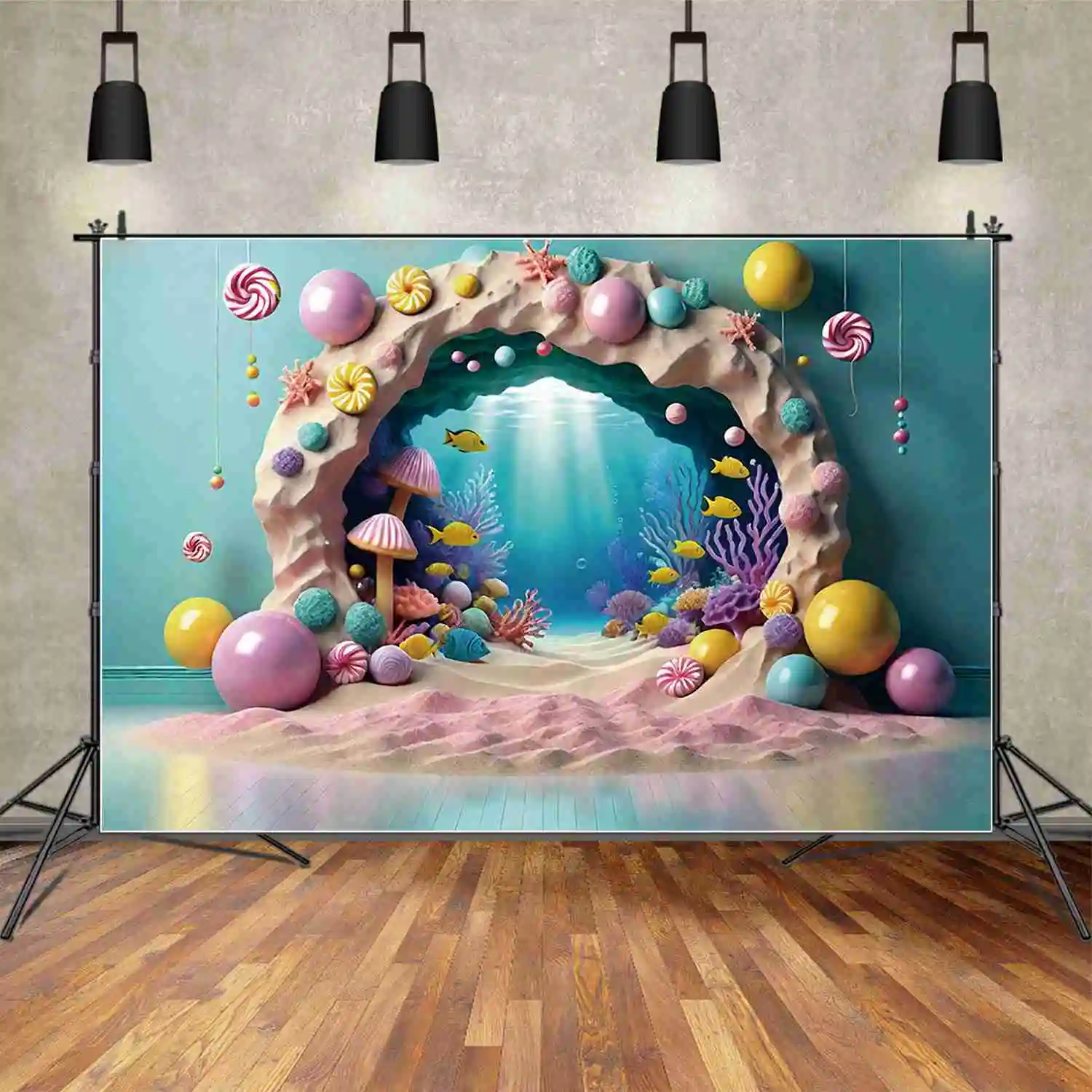 

MOON.QG Ocean Sea Bed Birthday 1 Year Backdrops Children Candyland Arch Blue Pink Backgrounds Custom Party Photography Supplies