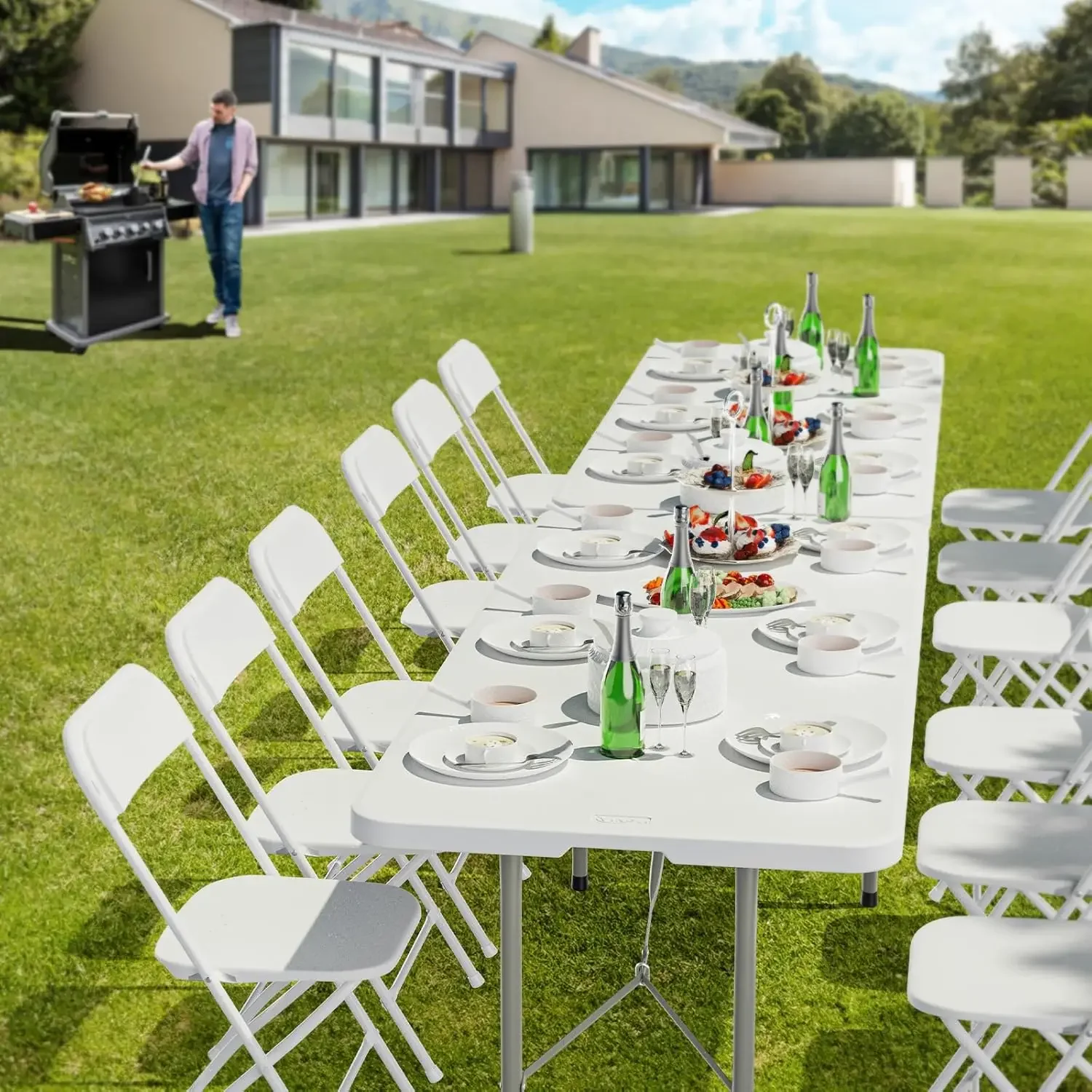 8 Foot Plastic Folding Table Portable Long Table for Indoor Outdoor Use Rectangular with Carrying Handle，White