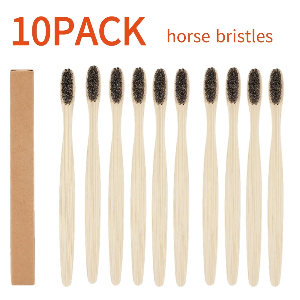 

10 шт. бамбуковых зубных щеток с конской щетиной, экологичные деревянные зубные щетки в индивидуальной упаковке