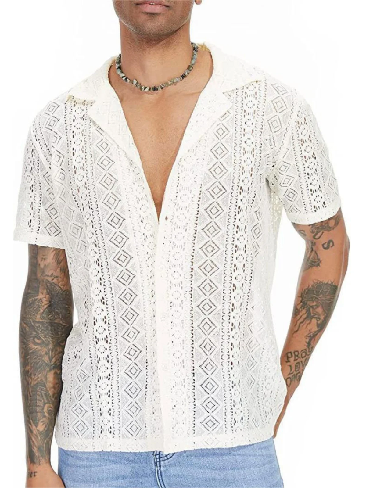 

Men's Lace Hollow ort Sve irt Summer Loose Fit Regular Thin ort Sve Flip Collar Hollow out Design Casual irt