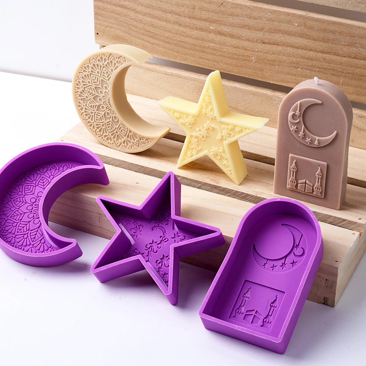 Star Scented Candle Silicone Mold 3D Mandala Crescent Moon Arched Plaster Mould Eid Mubarak Ramadan Decor Making Tools Ornaments