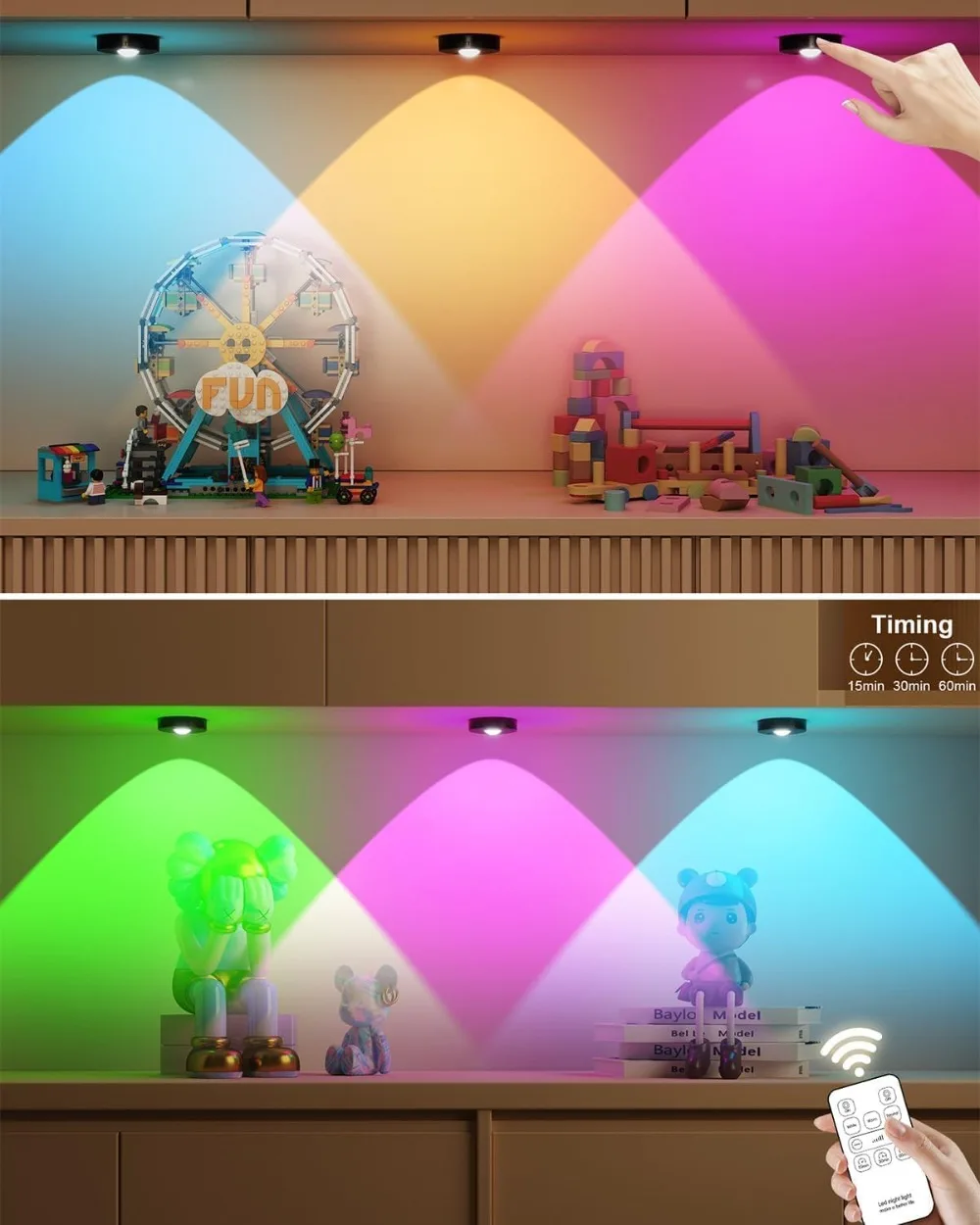 RGB 12 Color Night Light Wireless Remote Control Type-c Rechargeable Light Powered Cabinet Light for Kitchen Wardrobe Bedroom