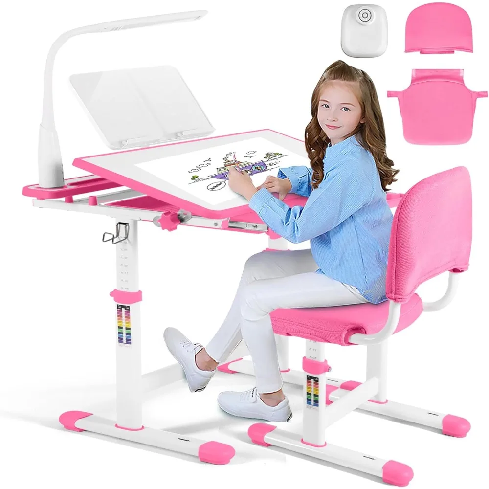 

Artist hand Kids Study Table and Chair Set,Adjustable Girls School Writing Study Table,with Large Writing Board LED Pull Out